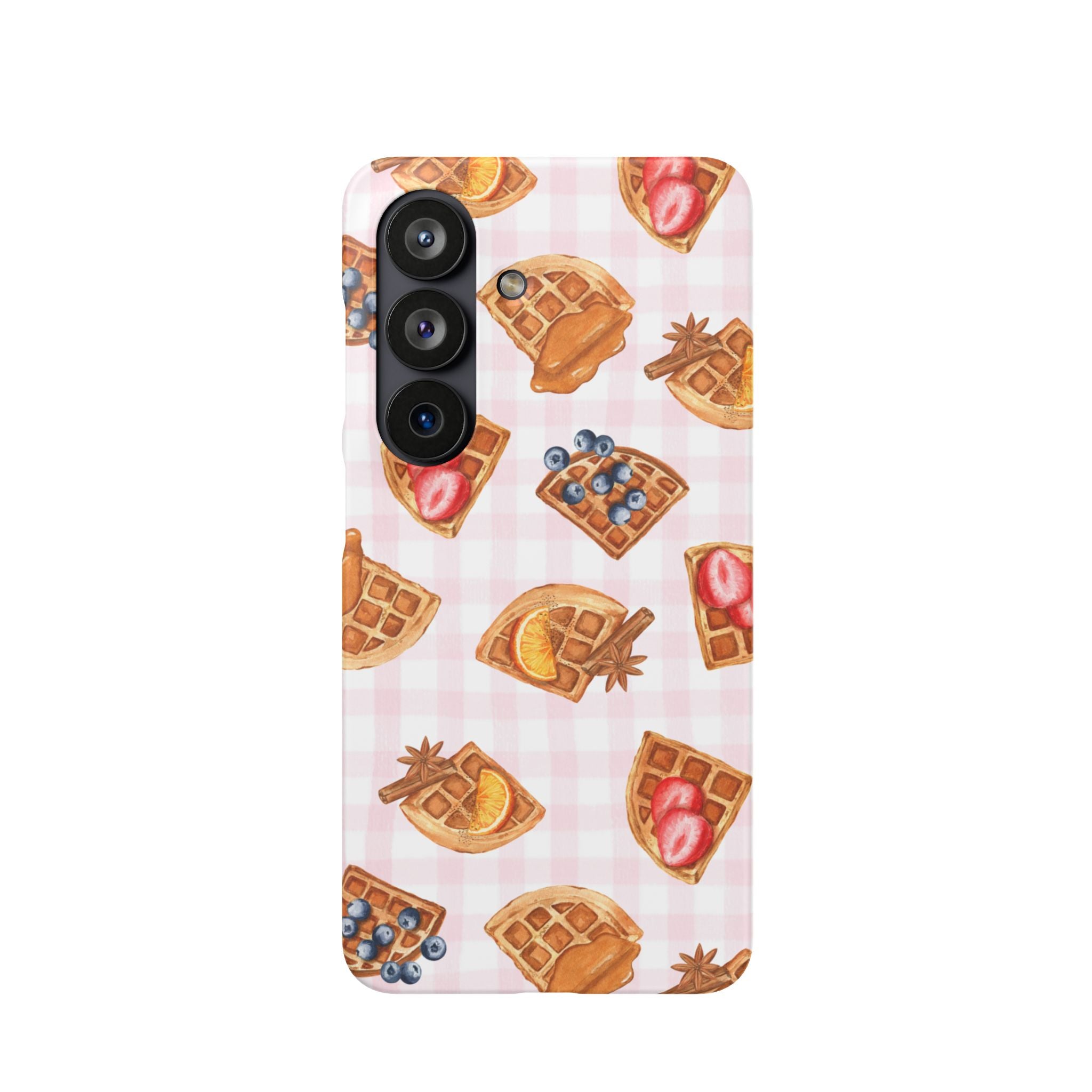 Waffle Picnic Phone Case — Cute Strawberry & Blueberry Waffles on Pink Gingham Snap Case