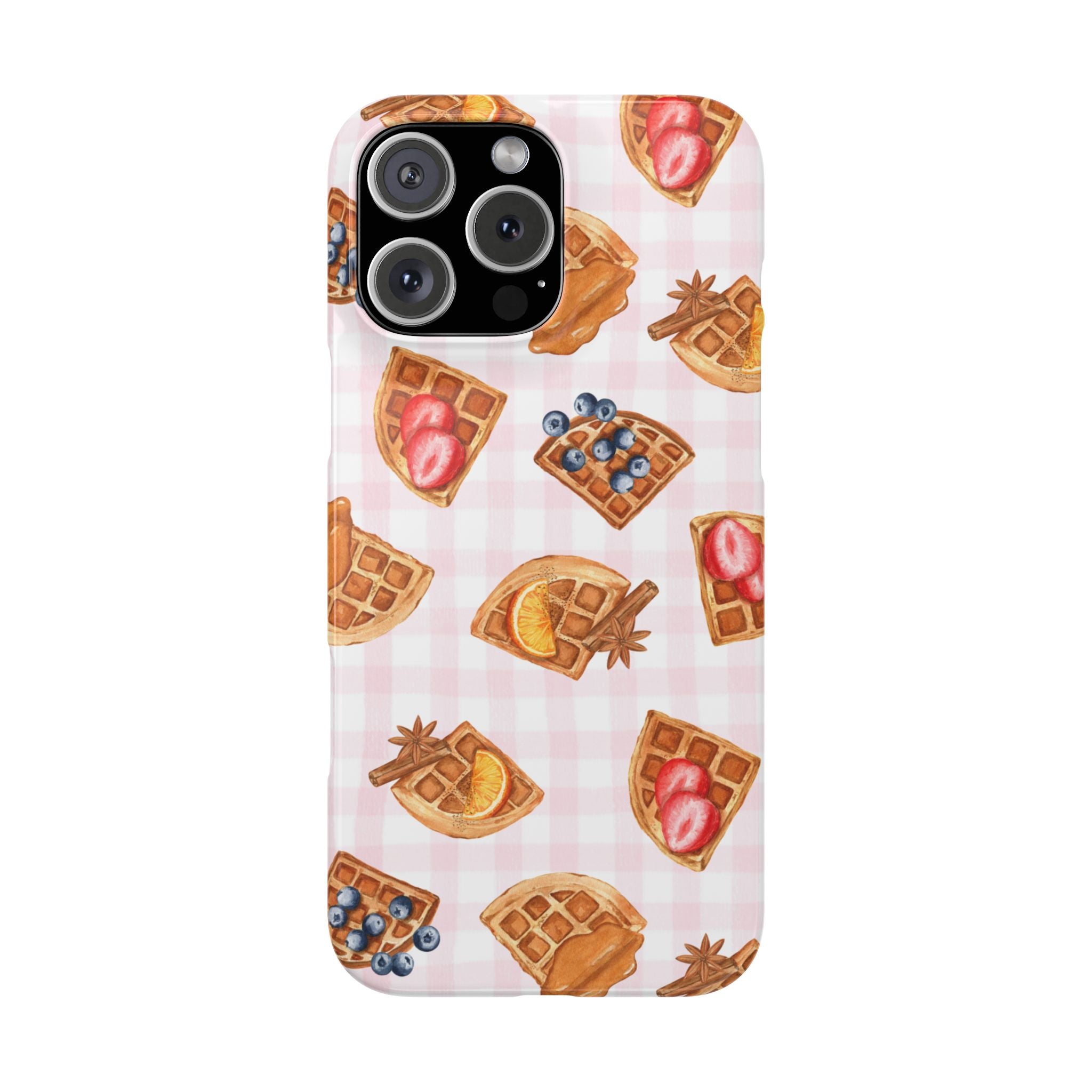 Waffle Picnic Phone Case — Cute Strawberry & Blueberry Waffles on Pink Gingham Snap Case