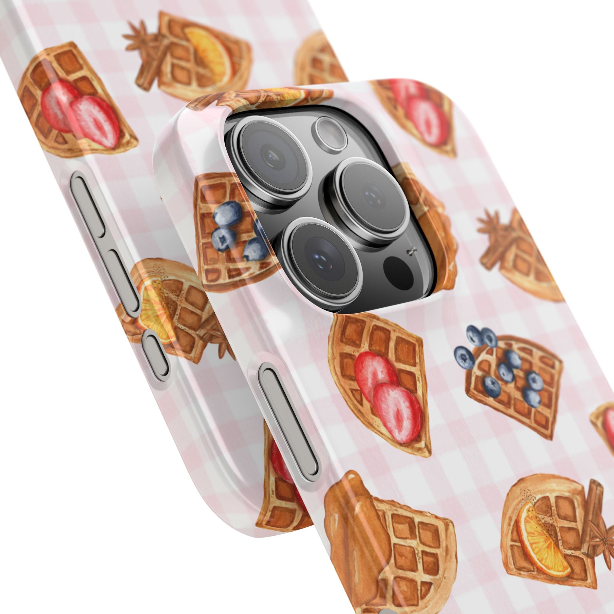 Waffle Picnic Phone Case — Cute Strawberry & Blueberry Waffles on Pink Gingham Snap Case