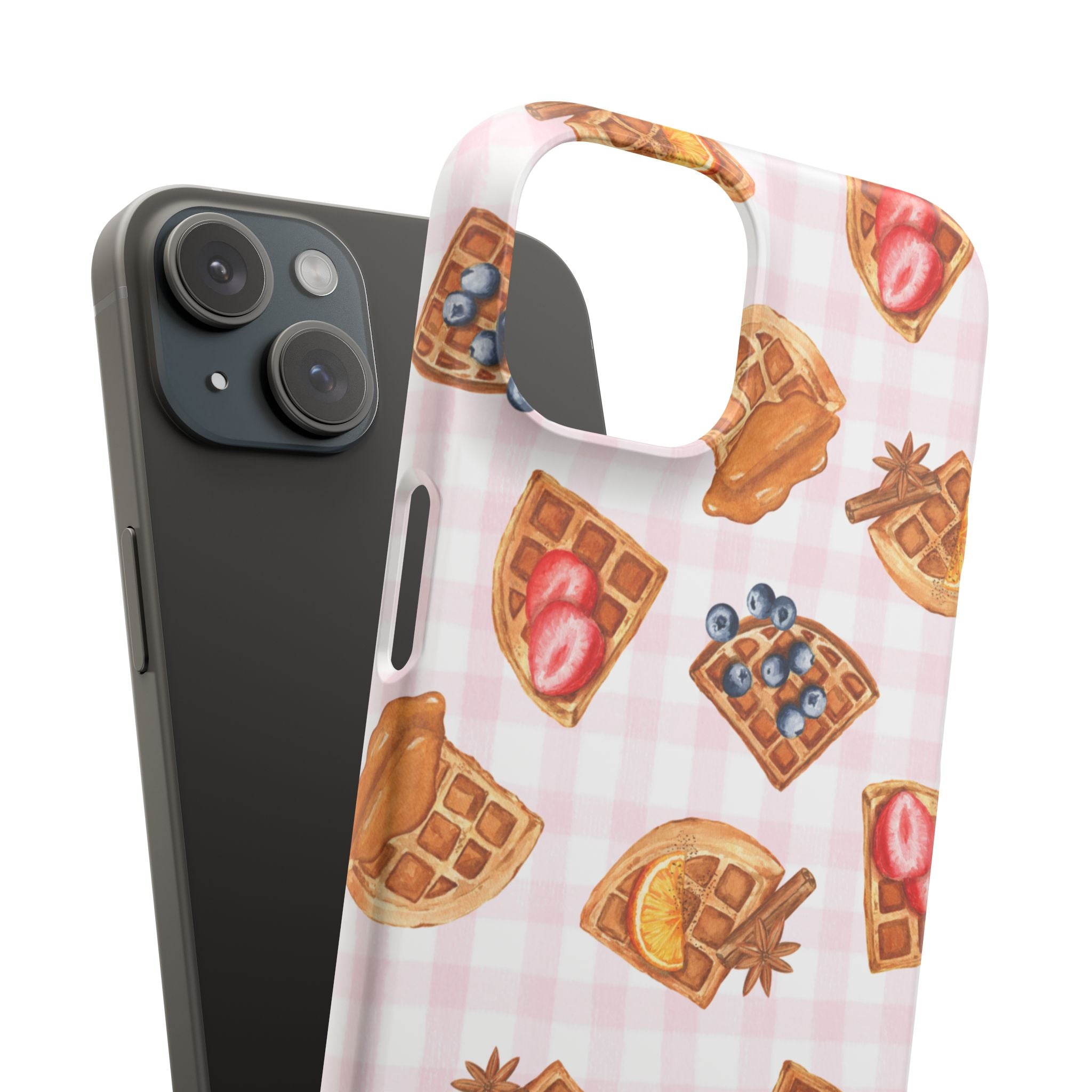 Waffle Picnic Phone Case — Cute Strawberry & Blueberry Waffles on Pink Gingham Snap Case