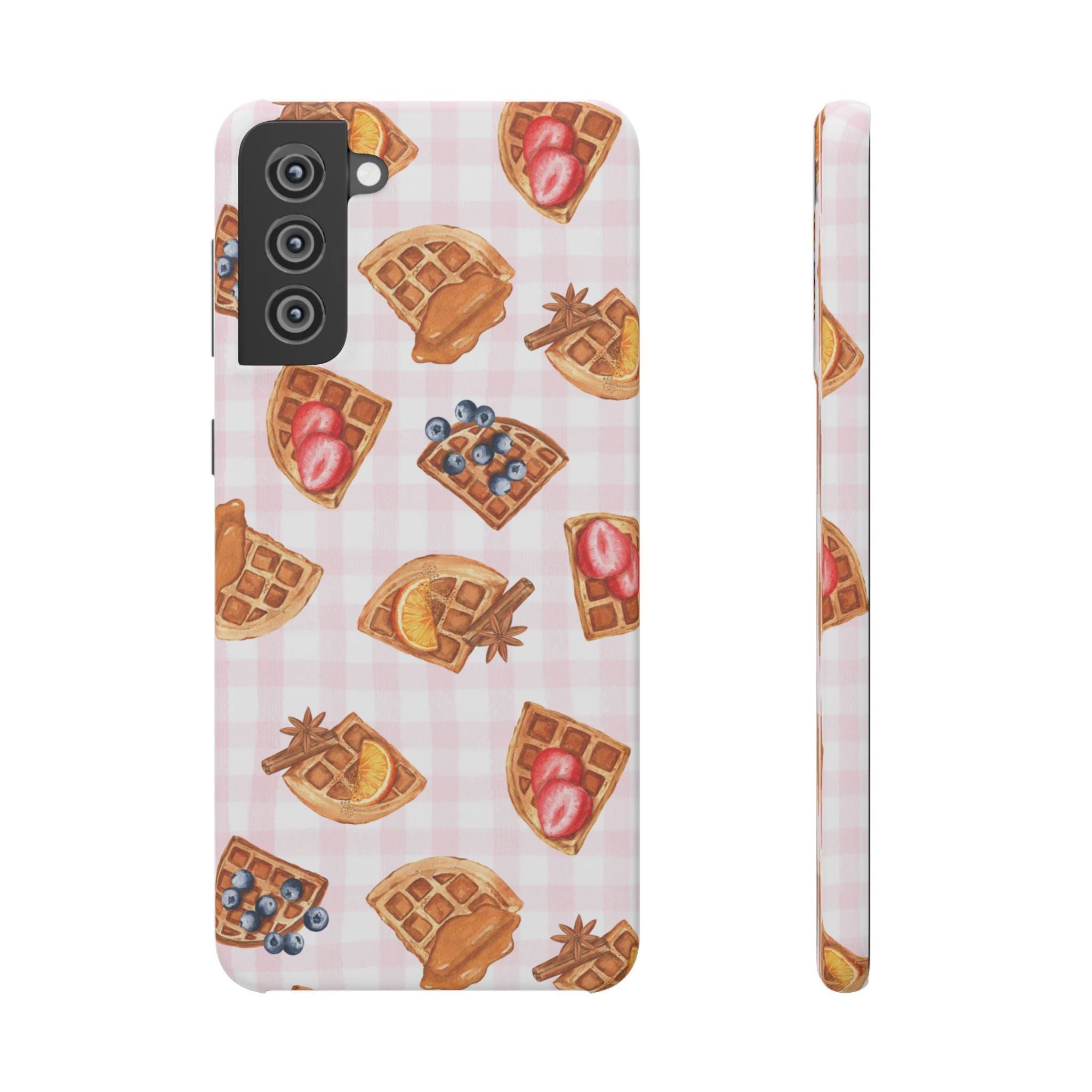 Waffle Picnic Phone Case — Cute Strawberry & Blueberry Waffles on Pink Gingham Snap Case