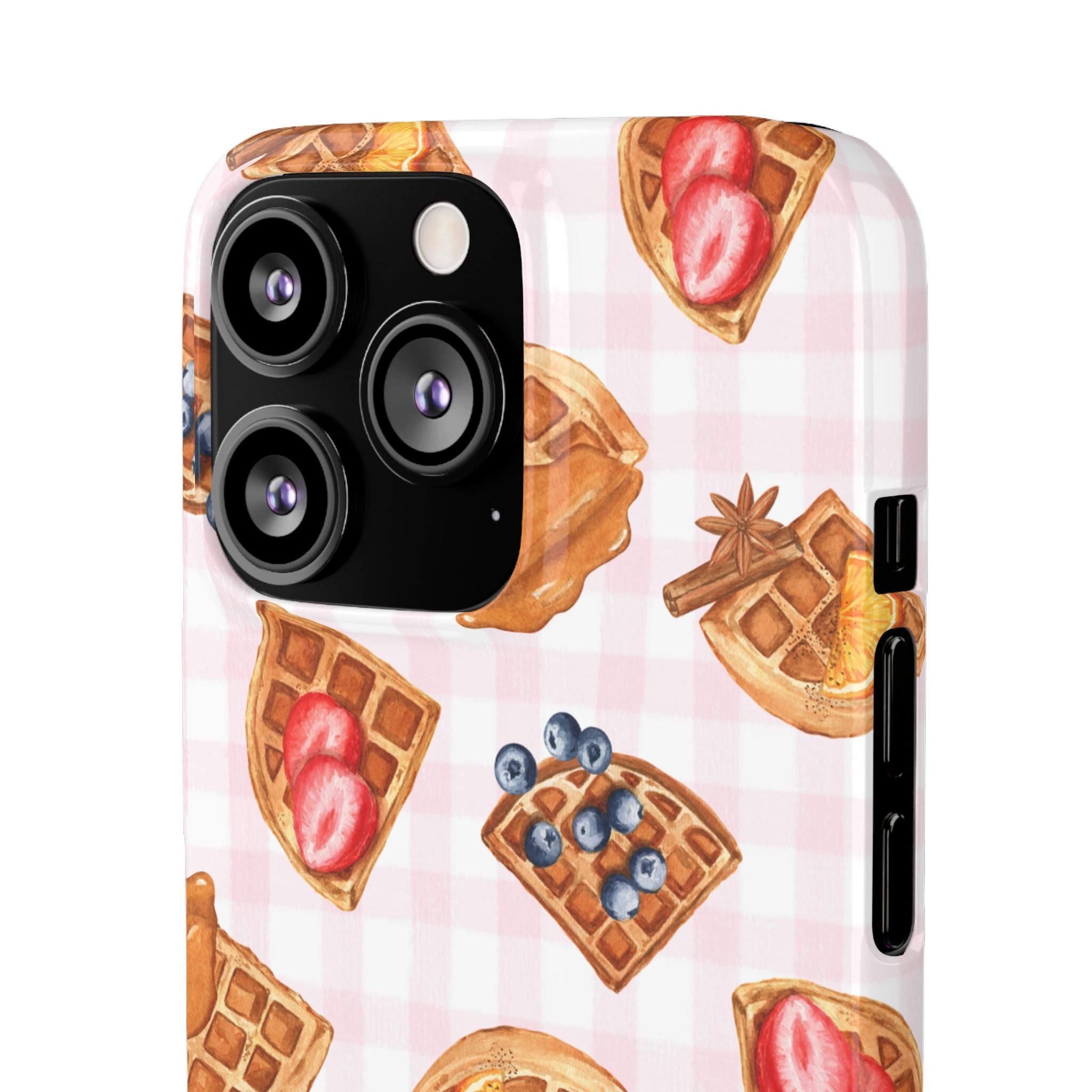 Waffle Picnic Phone Case — Cute Strawberry & Blueberry Waffles on Pink Gingham Snap Case