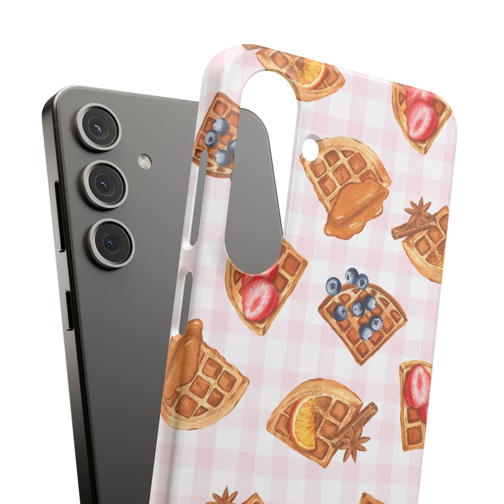 Waffle Picnic Phone Case — Cute Strawberry & Blueberry Waffles on Pink Gingham Snap Case