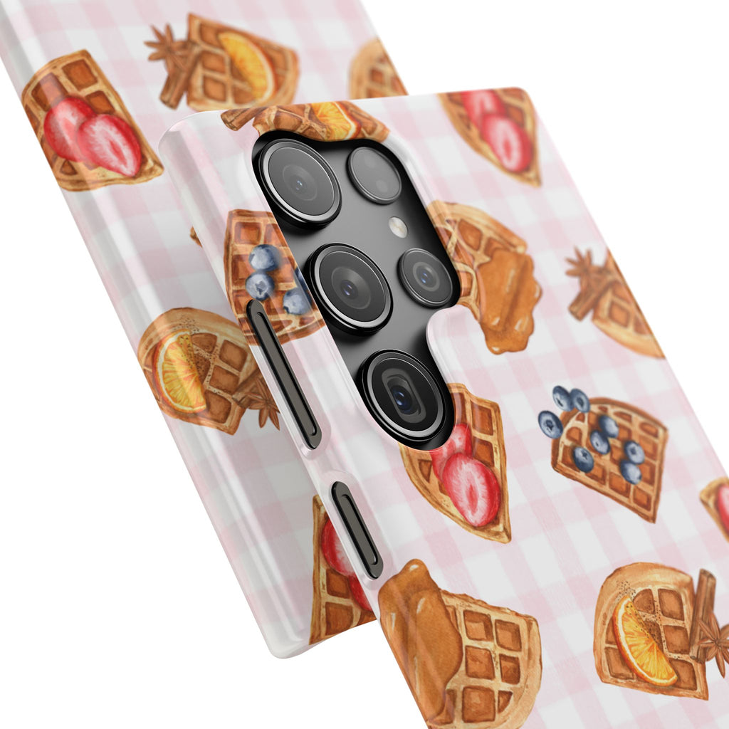 Waffle Picnic Phone Case — Cute Strawberry & Blueberry Waffles on Pink Gingham Snap Case