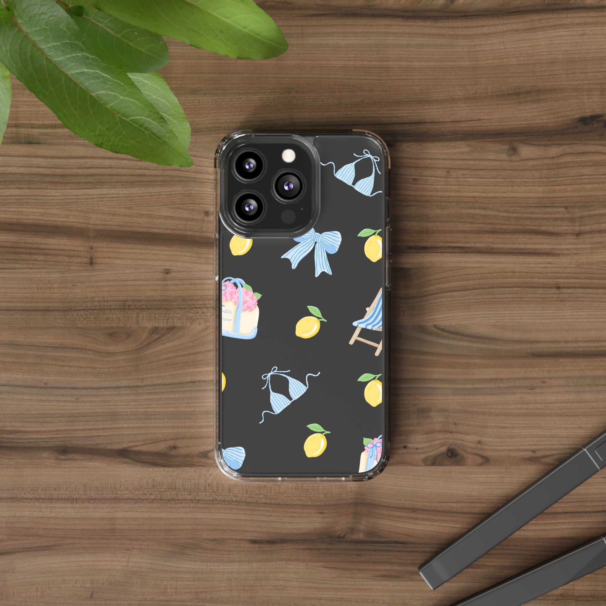 Clear Phone Case — Summer Lemon & Bow Pattern (bikini, beach chair, cake)