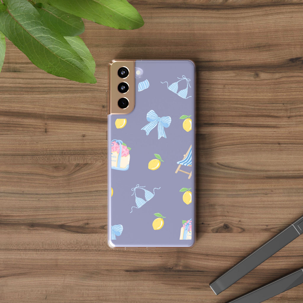 Clear Phone Case — Summer Lemon & Bow Pattern (bikini, beach chair, cake)