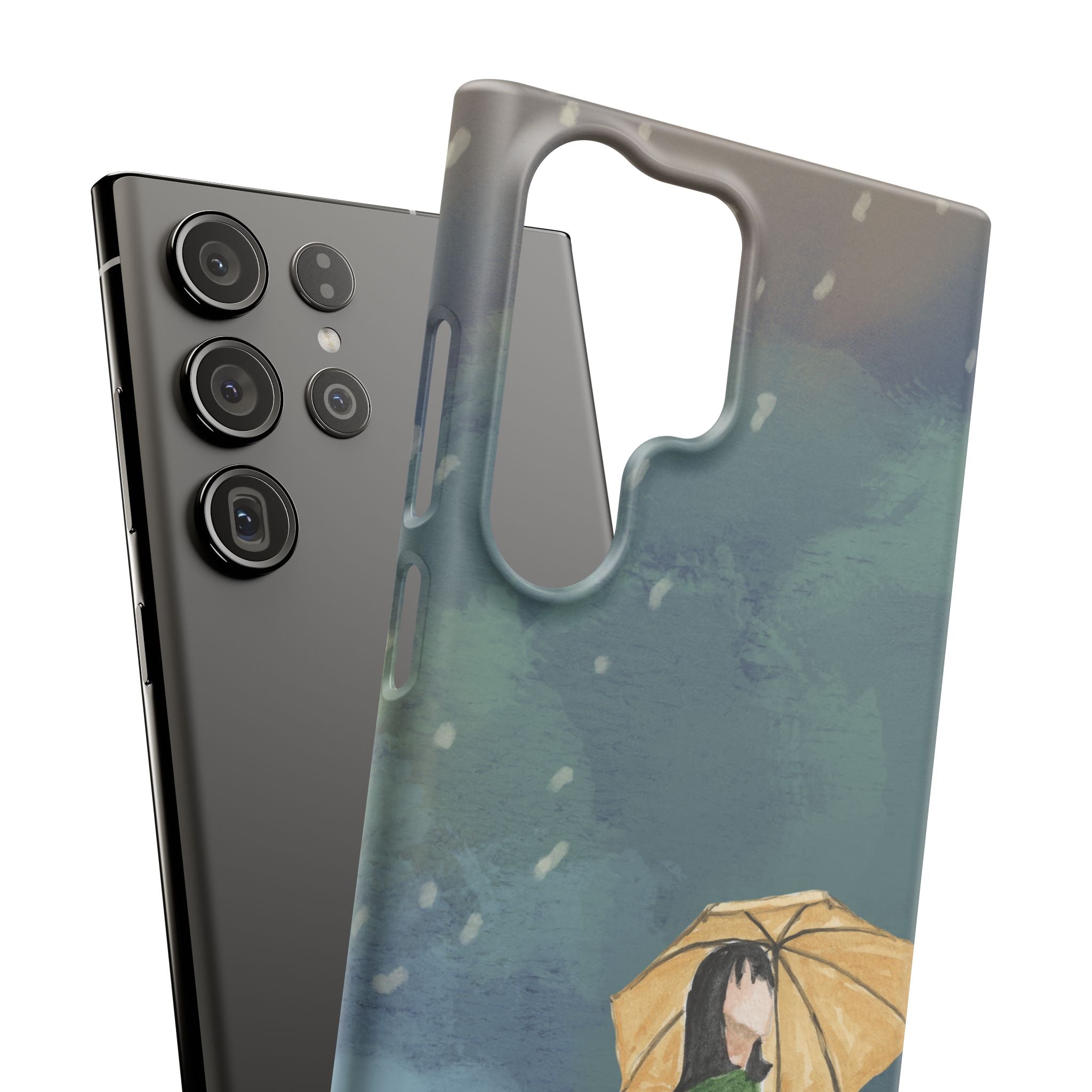 Artistic Rainfall Phone Case – Woman with Umbrella Design