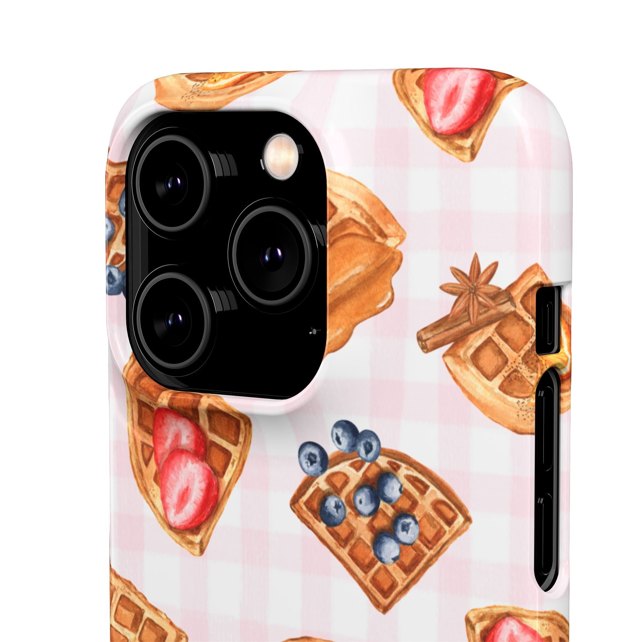 Waffle Picnic Phone Case — Cute Strawberry & Blueberry Waffles on Pink Gingham Snap Case